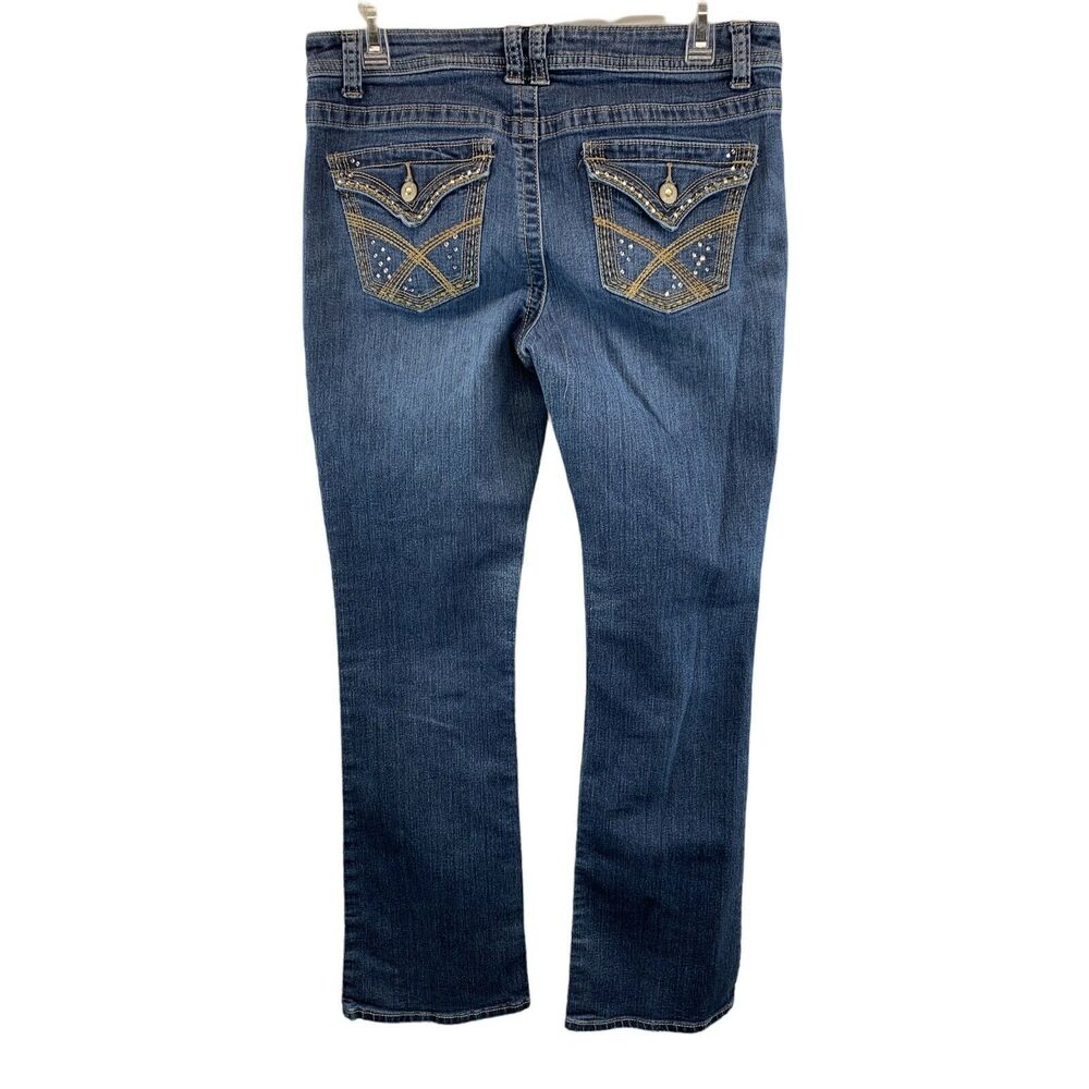 APT 9 Women Embellished Flap Pockets Boot Cut Mid Rise Blue Stretch Jeans Size 8